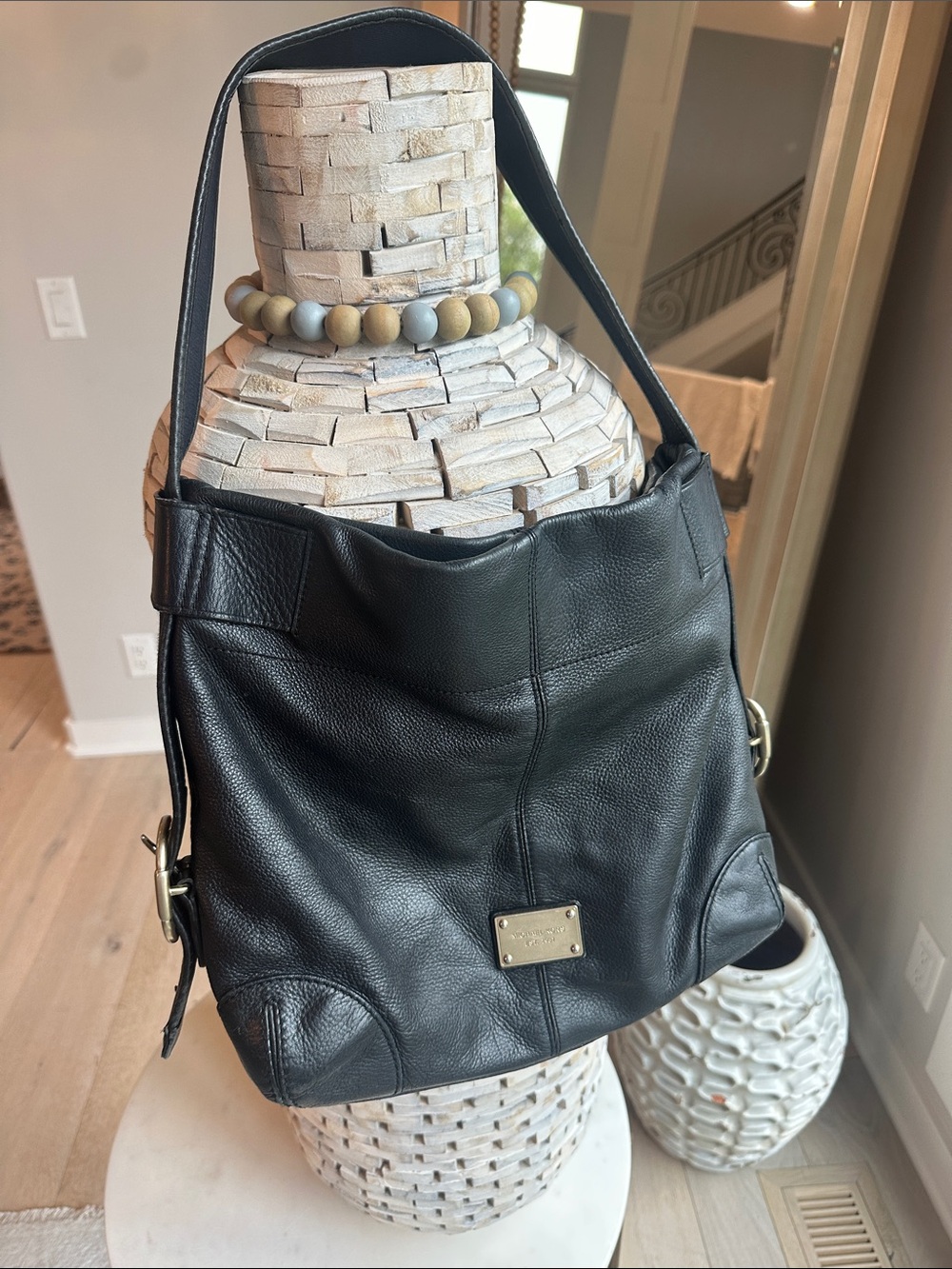 MICHAEL Michael Kors Black Leather Shoulder Hobo with Gold Plaque